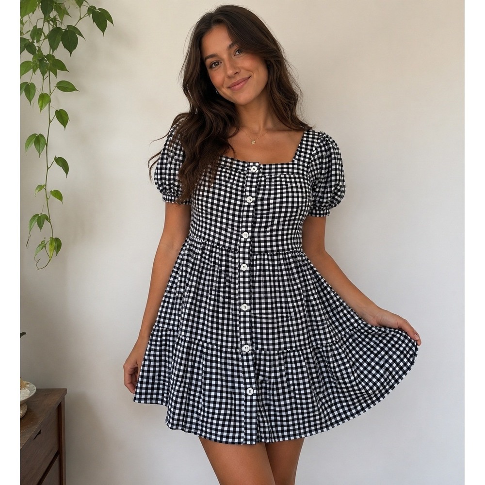 Black Tape Gingham Babydoll Mini Dress NWT XS Puff Sleeve Button Front
